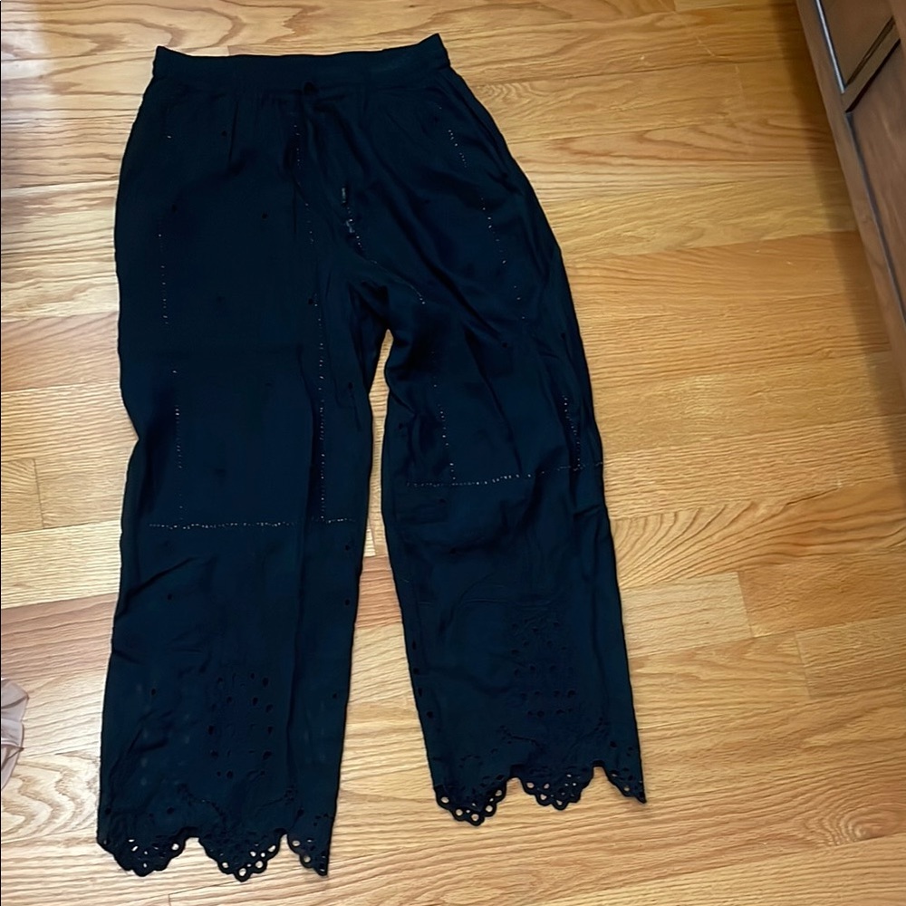 Black Eyelet Hem Pants with Sequins
